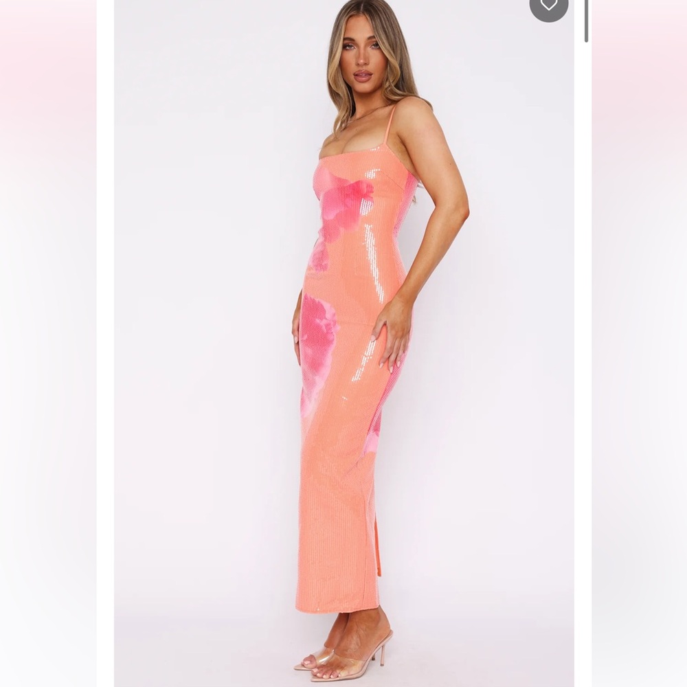 White Fox Boutique Telling Me Lies Sequin Maxi Dress Tangerine Blossom - Picture 3 of 5